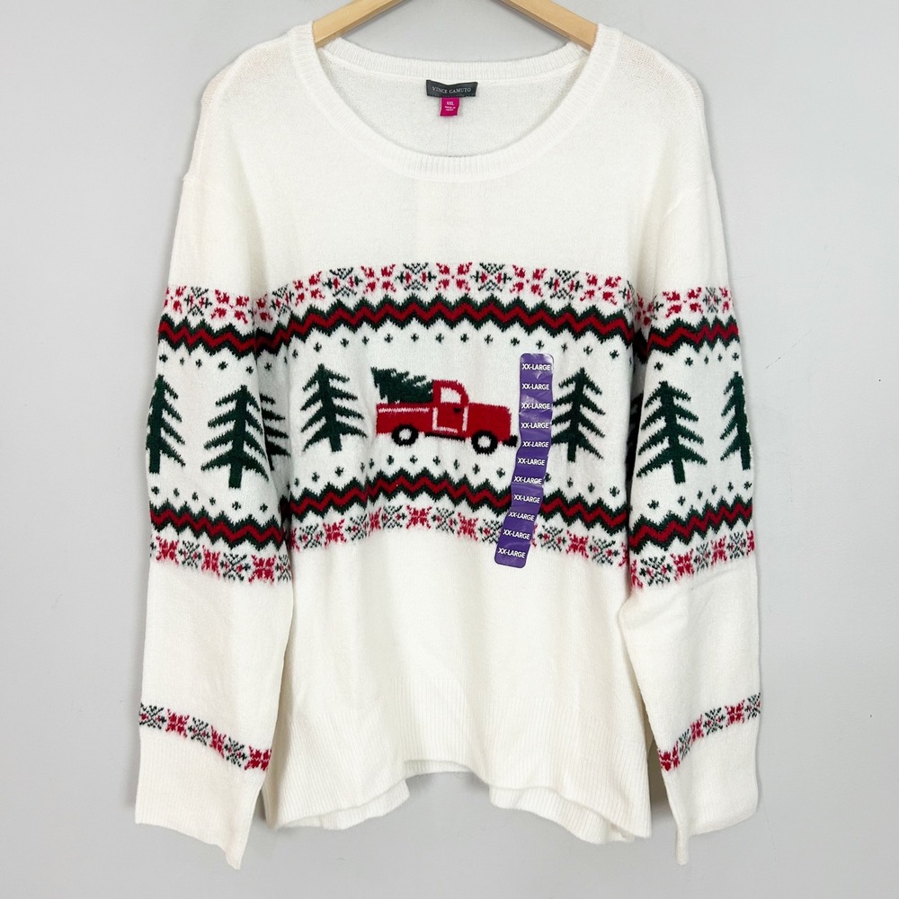 NEW Vince Camuto Sweater White Christmas Tree Red Truck Fair Isle Size XXL
